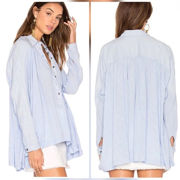 Free People Lovely Day Blue Oversized Jacquard Button Pocket Top, Size Large - Picture 1 of 15